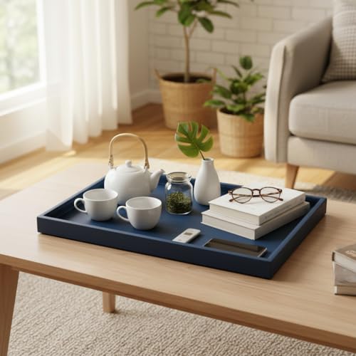 35 * 18 Inch Rectangular Ottoman Tray | Textured PU Leather, Waterproof & Heat-Resistant Storage for Coffee/Dining Tables, Sofa, Bed, Entertainment & Party (Navy Blue, 35 * 18in) - color: Navy Blue, size: 35" x 18" x 1.1"