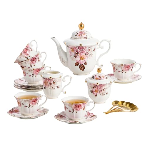 TATSUMI Country Roses Porcelain Tea Set, European Ceramic tea set for adults,Vintage Style, For Women and Tea Parties (Chocolate Red, 21 Pieces Set) - color: Chocolate Red, size: 21 Pieces Set