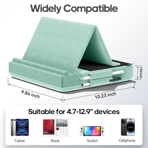 KDD Tablet Pillow Stand, Multi-Angle Viewing Ipad Holder for Lap, Bed and Desk, Foldable Soft Pad Dock with Stylus Mount Compatible with Ipad Pro 12.9, 10.5, 11, Air, Mini, Phones, Books, E-Reader - color: Green