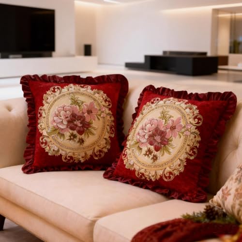 Set of 2 Red Throw Pillow Covers 18x18in,Red Vintage Pillows Covers for Sofa Couch Pillows for Living Room Floral Embroidered Cushion Cover for Bed Chairs Car - color: Red