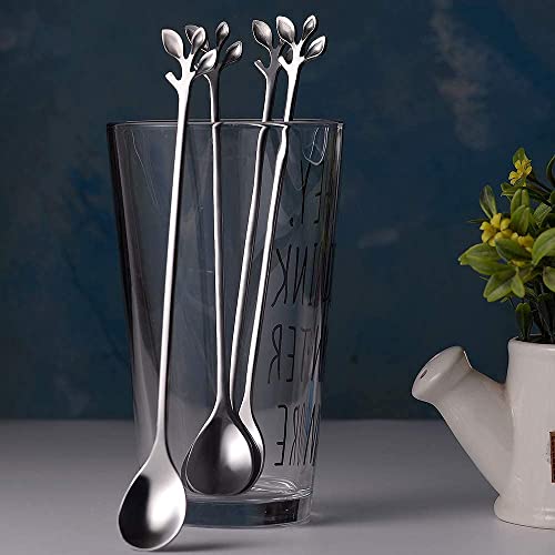 AnSaw 6-Piece Elegant Silver Leaf Long Handle Teaspoons - 7.4" - color: Silver
