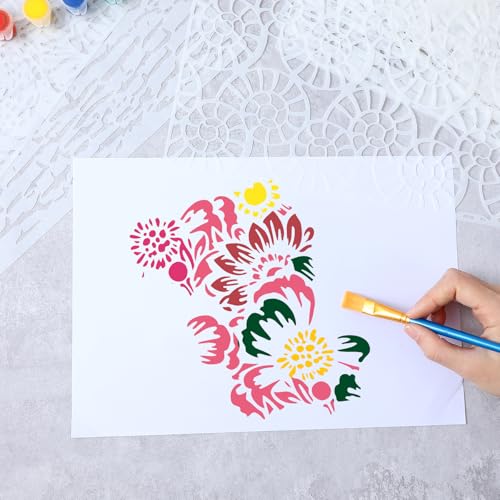 12Pcs Mixed Media Stencils for Crafts, Reusable Stencils for Painting, Wood Grains Flower Texture Templates Geometric Layering Spray Paint Stencils Kit on Wall Canvas Cake Card DIY Art (11×7'') - size: 2.0