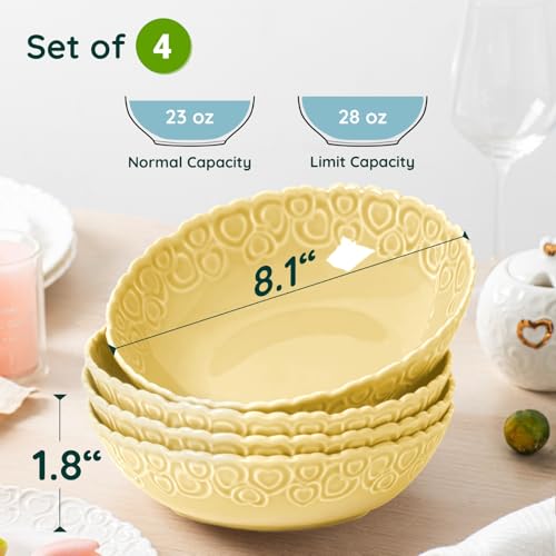 HOMBENE Heartbeat Pasta Bowls Set of 4, 28oz Salad Bowls Soup Bowl for Kitchen, Porcelain Wide and Shallow, Noodle, Soup, Pasta,Dinner, Microwave & Dishwasher Safe (Lemon Yellow) - color: Lemon Yellow, size: 28oz