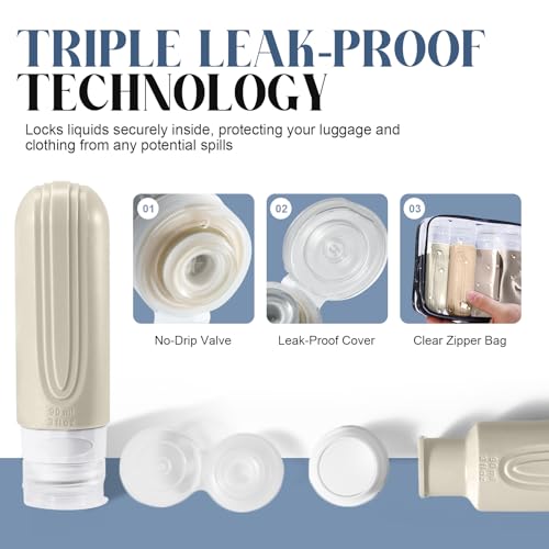 Travel Bottles for Toiletries, 3oz TSA Approved Travel Size Toiletries, Silicone Leak-Proof Refillable Containers, Squeezable Liquid Essentials Bottles W/Clear Bag (CREAM) - color: CREAM