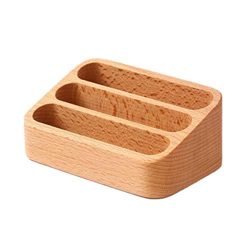 Sizikato Wooden Business Card Holder for Desk, 3 Card Slots Business Card Display Holder Stand - color: Beech
