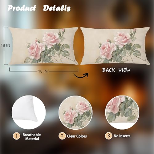 French Country Pink Rose Floral Pillow Cover 12x20 Double-Sided, Vintage Pink Flower Decorative Lumbar Throw Pillow Cover for Home Bedroom Living Room - color: A-rose-2, size: 20" x 12" (Pack of 1)