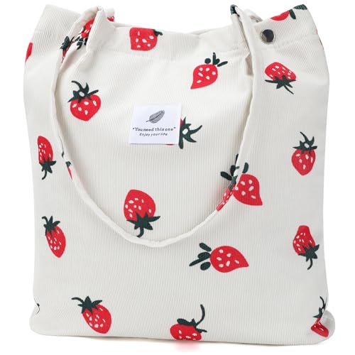 Ayieyill Corduroy Tote Bag for Women Canvas Shoulder Cord Purse with Inner Pocket - color: Beige Strawberry