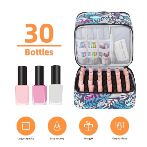 Portable Nail Polish Storage Bag with UV Light Case - Holds 30 Bottles and 1 UV LED Nail Lamp, Double-Layers Nail Dryer Case for Gel Nail Polish Kit, Nail Art Decorations （Leaves） - color: Green-Floral