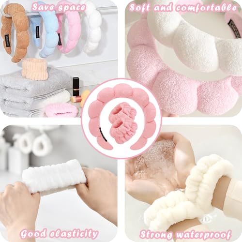 Spa Headbands for Washing Face Wristband Set Sponge Makeup Skincare Headband Wrist Towels Bubble Soft Terry Towel Cloth Hairband for Women Puffy Headwear Non Slip Thick Thin Hair Headwear (Peach pink) - color: Peach pink