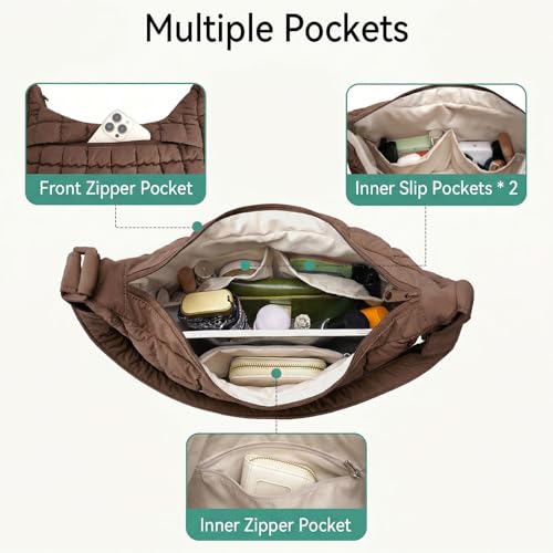 Puffer Crossbody Hobo Bag for Women Nylon Quilted Purse Lightweight Shoulder Handbag with Adjustable Strap - color: 03-coffee