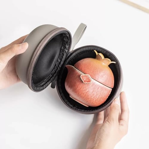 Pomegranate Shape Travel Teapot, Portable Ceramic Tea Set, 1 Pot 3 Mini Cups, Tea Set for One to Three, Tea Gift for Tea Lovers