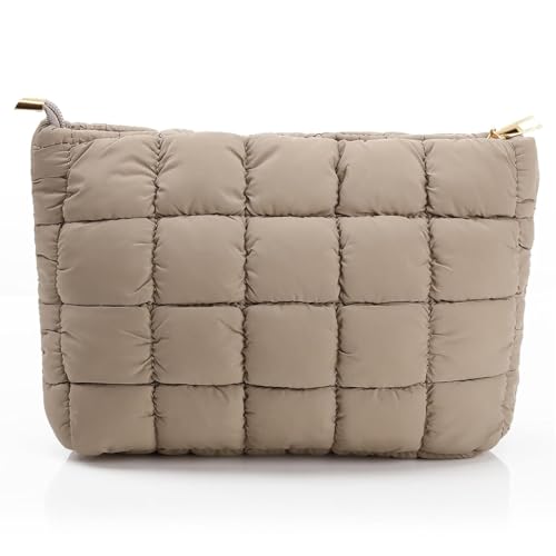 Hillban Light Tan Puffy Quilted Makeup Bag Cute Cosmetic Bag Gift, Classic - color: Light Tan, size: Classic