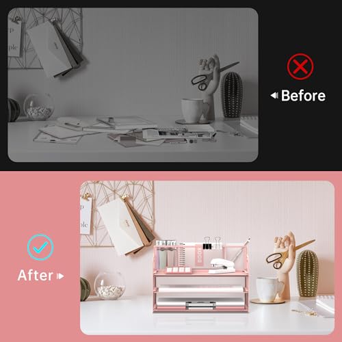 3-Tier Desk Organizer with Pen Holder and Handles, Paper Organizer, Pink - color: Pink