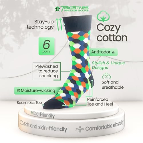 7BIGSTARS Men Cotton Patterned Crew Dress Socks 4-6 Pack, L 9-12 - color: Estate Blue, Dark Navy, Light Beige (A37)