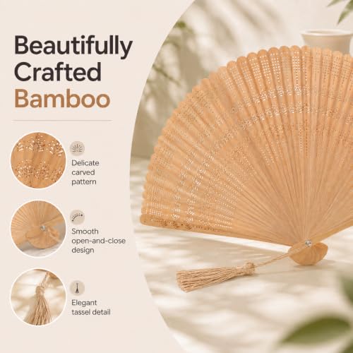 COHEALI Bamboo Folding Hand Fan, 12.5 Inch Wooden Handheld Fan with Tassel, Vintage Cooling Accessory for Women, Weddings and Parties