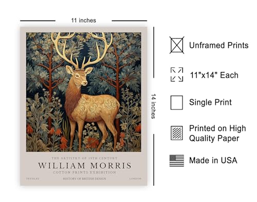Poster Master William Morris Poster - Reindeer in the Forest Print - Deer Art - Botanical Art - Exhibition Artwork - Animal Piece - Floral Illustration - Aesthetic Bedroom or Office Decor - 11x14 UNFRAMED Wall Print - color: Style-01, size: 11"L x 14"W
