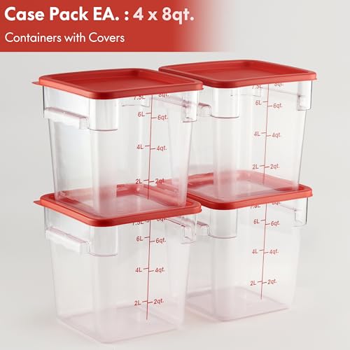 CURTA 4 Pack Food Storage Container with Red Lid - NSF Listed Commercial Grade in 8.0 Qt - Square, Clear, Polycarbonate - color: 8.0 Qt 4-Pack(Red Lids)