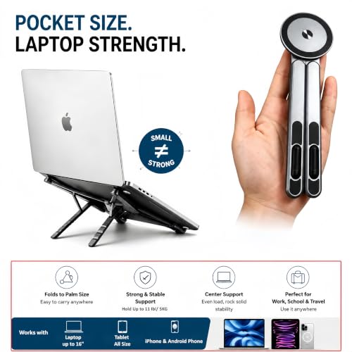 4-in-1 Foldable Laptop Stand with N52 Magnetic Phone Holder, Portable Aluminum Computer Stand for MacBook/ iPad/ Tablet, Adjustable Ergonomic Desk Stand for Home Office College Dorm & Travel Giftable