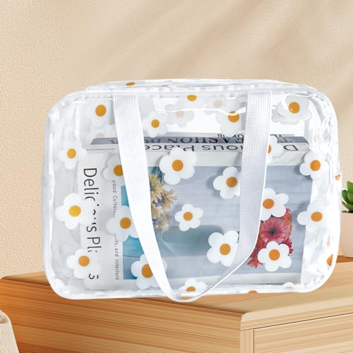 Clear Daisy Printed Cosmetic Bag and LargeTravel Pouch 11.81''x4.33''x8.27'' Size with Handle-Durable PVC Material,Versatile,Zipper Design for Makeup (White Floral#2-L) - color: A230023-5265-02-L