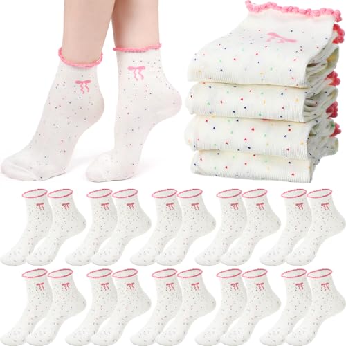 Chicingyou 10 Pairs Women Ruffle Socks Coquette Girly Frilly Cotton Crew Sock Bow Animal Heart Breathable Ankle Socks - color: Pink, style: Coquette Bow