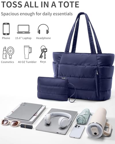 Bagstellar Puffer Tote Bag for Women, Lightweight Puffy Travel Gym Work Bag - color: Navy Blue