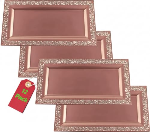(12 pk) 14" x 7.5" Rose Gold Lace Rim Plastic Serving Trays & Platters | Heavy Duty Disposable Decorative Dessert Tray - Party Platters for Upscale Parties Weddings - color: Rose Gold Lace, size: 12 Pack