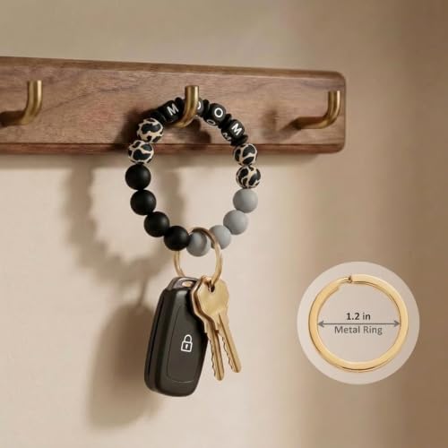 BIHRTC Key Ring Bracelet Car Keychain Holder Wristlet Silicone Women Beaded Bangle Chains - color: Mom Black Leopard