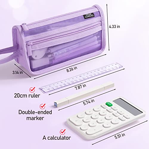 Four Candies Grid Mesh Pencil Case, Clear Double-layer with Handle (Purple) - color: Purple