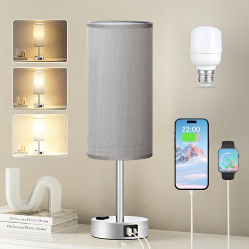 Fenmzee Grey Bedside Lamp for Bedroom, Dimmable Touch, USB A+C, AC Outlet - color: Grey - Silver, size: 14"