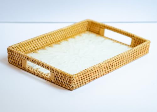 Magenta & Teal Decorative Rectangle Rattan Serving Tray 13x9 inch Mother of Pearl Inlay, Wicker Coffee Table Decor, Farmhouse (Silver White) - color: Silver White