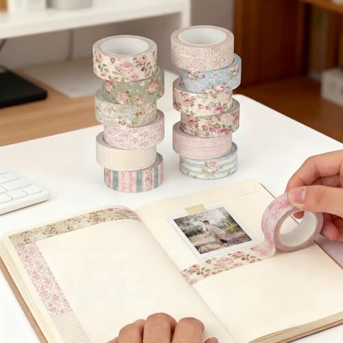 Gueevin 24 Rolls Floral Washi Tapes Set Scrapbook Supplies, Vintage - style: Vintage