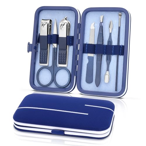 Manicure Set-Stainless Steel Nail Care Set-Professional 7 in 1 Ingrown Toenail Clipper Grooming Tool-Pedicure Kit & Toe Nail Cutter-Thick Nail Scissors Toiletries with Cuticle Trimmer (Blue) - color: Blue