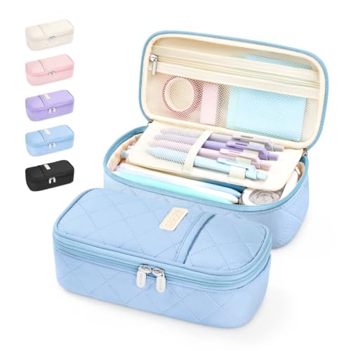 Sooez Cute Pencil Case, Soft Quilted Pencil Pouch, Large Pen Pencil Bag - color: Blue Puffers Style