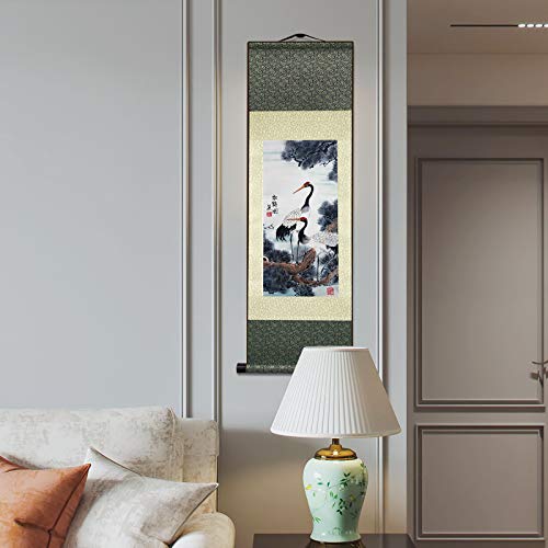 AtfArt White Crane Silk Scroll, Asian Wall Art, 36.2x12in - color: B2