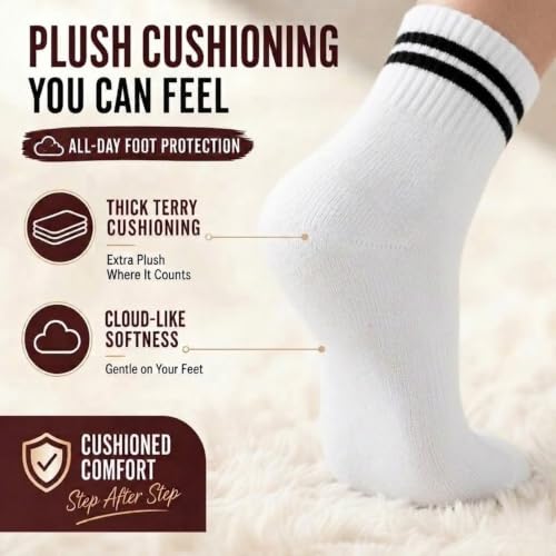 Forever Bambe Mini Crew Socks for Women 4-Pack Cushioned Bottom Retro Striped Socks - Athletic Women's Short Calf Sock - color: 6 Pack White Beige