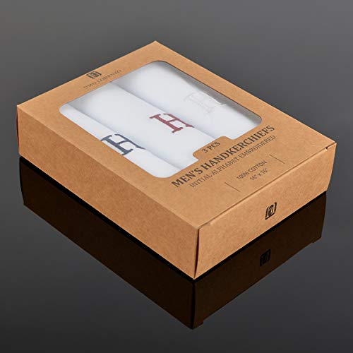 Initial Handkerchief for Men, Monogrammed Boxed 3 Piece Set,100% Cotton - color: H Initial