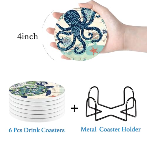 Nikyi 6 Pcs Coastal Marine Life Ceramic Drink Coasters, Absorbent Round Coaster with Cork Base & Metal Holder, Coastal Ocean Theme Coasters for Coffee Table Office Home Decor & Housewarming Gifts - color: Coastal Marine Life