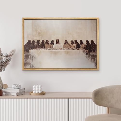 MUDECOR Framed Canvas Print Wall Art Biblical-Inspired Last Meal Scene Neutral Religious with Jesus and Disciples Illustrations Fine Art Decorative Farmhouse Retro for Bedroom - 16"x24" Natural - color: A10-2507-m02, size: 24"L x 16"W