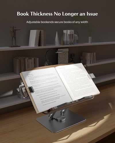 Book Stand for Reading,Adjustable Book Stand with Light,360° Rotating Metal Base,Foldable Cookbook Stand,Reading Hands Free with Page Clips for Recipe,Textbook,Cookbook（3CCT & CRI 90） - color: Gunmetal With Light