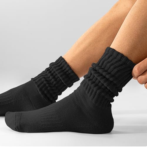 AugRing Women's Scrunch Crew Socks Retro 3-Pack Solid Cotton Boot Calf Chunky Ribbed Cozy Slouchy Socks Size 5-11 - color: 3 Pack Black