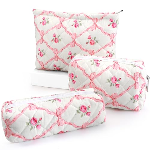 EIMMBD Makeup Bags 3 Pieces Large Capacity Floral Cosmetic Bag Travel Toiletry Bag Organizer Cute Makeup Bag Pouch Storage Bag for Women(Pink Floral) - color: Pink Floral