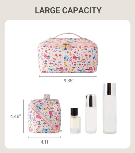 Aveniee Travel Makeup Bag for Women, Large Cosmetic Organizer with Open-Flat Design, Clear Divider & Handle - Waterproof PU Leather Toiletry Case, Cat Pattern - style: Sunshine Kitty