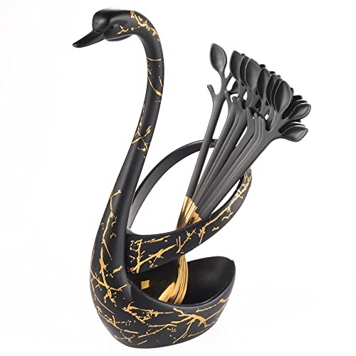 AnSaw Black Swan Base With 10-Pcs Mini Leaf Coffee Spoon Holder Set - 4.7" - color: Black & Gold Swan