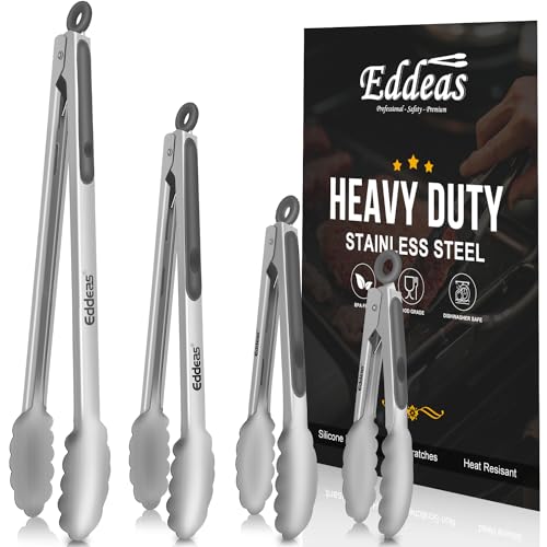 EDDEAS Tongs For Cooking - Heat Resistant 600 Degrees Metal Kitchen Tongs, Heavy Duty Stainless Steel Tongs - Perfect for Food, BBQ Set of 4, 7-9-12 &14 inch Grey - color: Grey 4Pcs, size: 7+9+12+14 inch