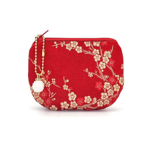 Handmade Women Coin Purse Brocade Rosary Bag Silk Jewelry Pouch Zipper Wallet - Red - color: Red