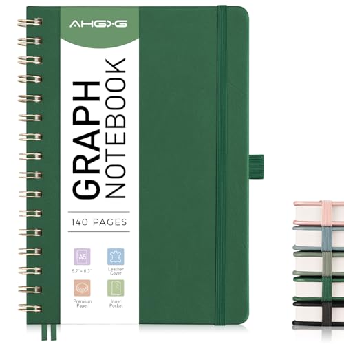AHGXG Graph Paper Notebook, 140 Pages, A5 (5.7" x 8.3") - color: Dark Green, style: A5-Graph