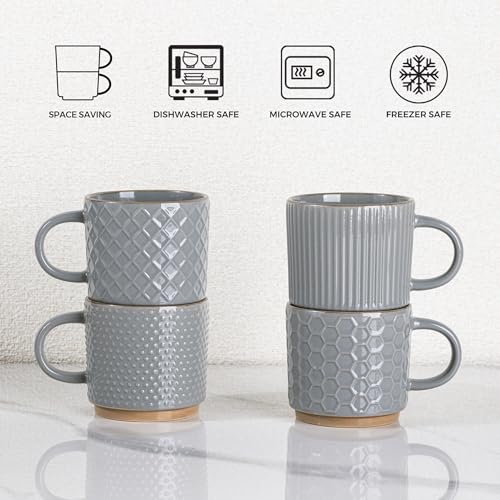 GBhome 8 OZ Stackable Coffee Mugs Set of 4, Ceramic Coffee Cups Set - color: Gray, size: 8 Ounces