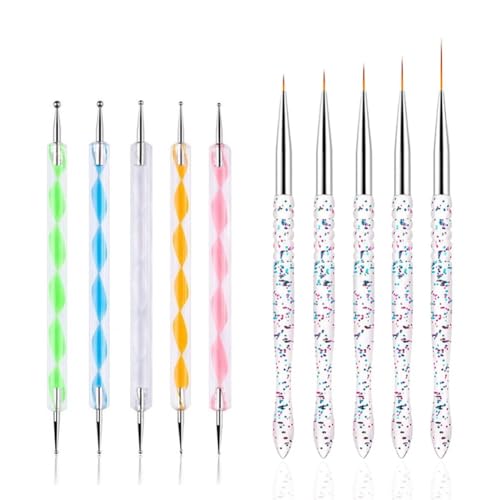 FULINJOY Nail Dotting Tools 10 Pcs Kit, 5 Pcs Double-end Nail Dotting tools and 5 Pcs Nail Art Liner Brushes, Nail Art Design Tools