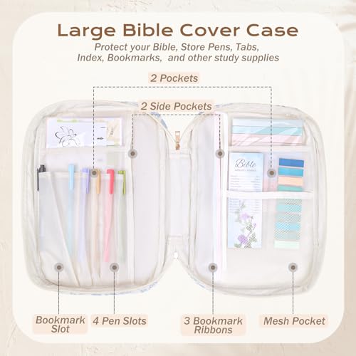 XKDOUS Bible Cover Case for Women Bible Bag Journaling Kit w/Study Supplies - color: Blue Rose With Cross, size: Large