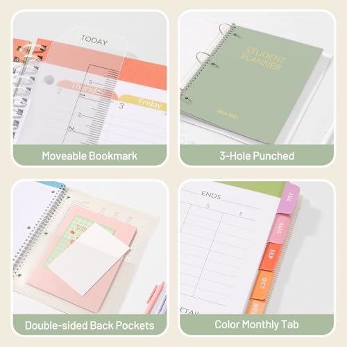 Student Planner 2026-2027, SUNEE Academic Weekly & Monthly School Planner, Jul. 2026 - Jun. 2027, 8.5"×11" School Lesson Plan Book with Week's Goals, Bookmark, Monthly Tabs, 3-Hole Punched, Sage Green - color: Sage Green, size: A4 8.5"×11"